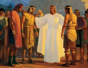 ציור מורמוני של ישו המתקבל על ידי האינדיאנים (צאצאי הישראלים הקדומים כמובן), ומתחיל להרביץ בהם את הבשורה הטובה.